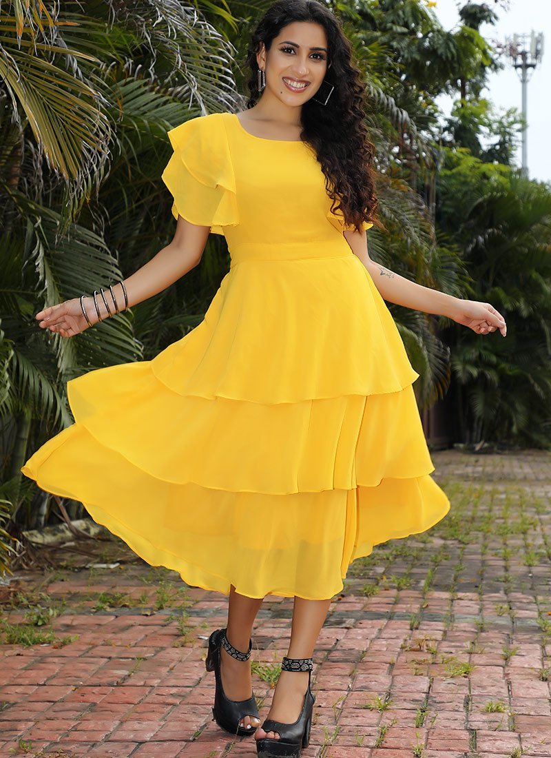 Yellow Georgette Designer One Piece Dress