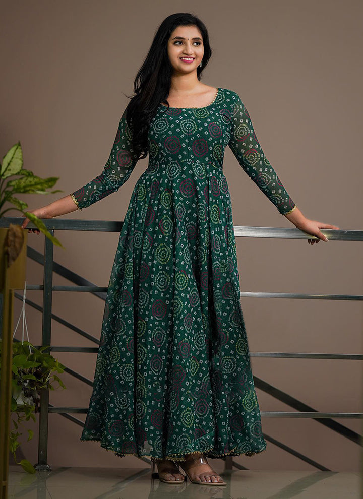 Green Bandhani Printed Georgette Party Wear Dress