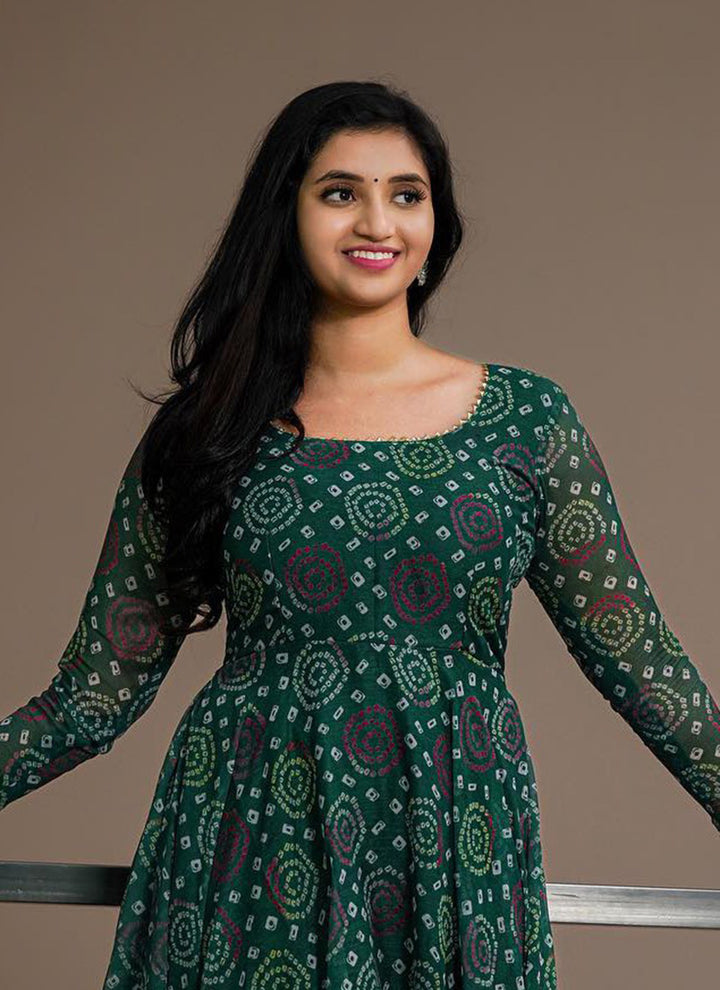 Green Bandhani Printed Georgette Party Wear Dress