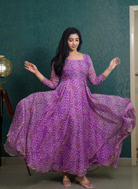 Purple Bandhani Printed Georgette Party Wear Dress