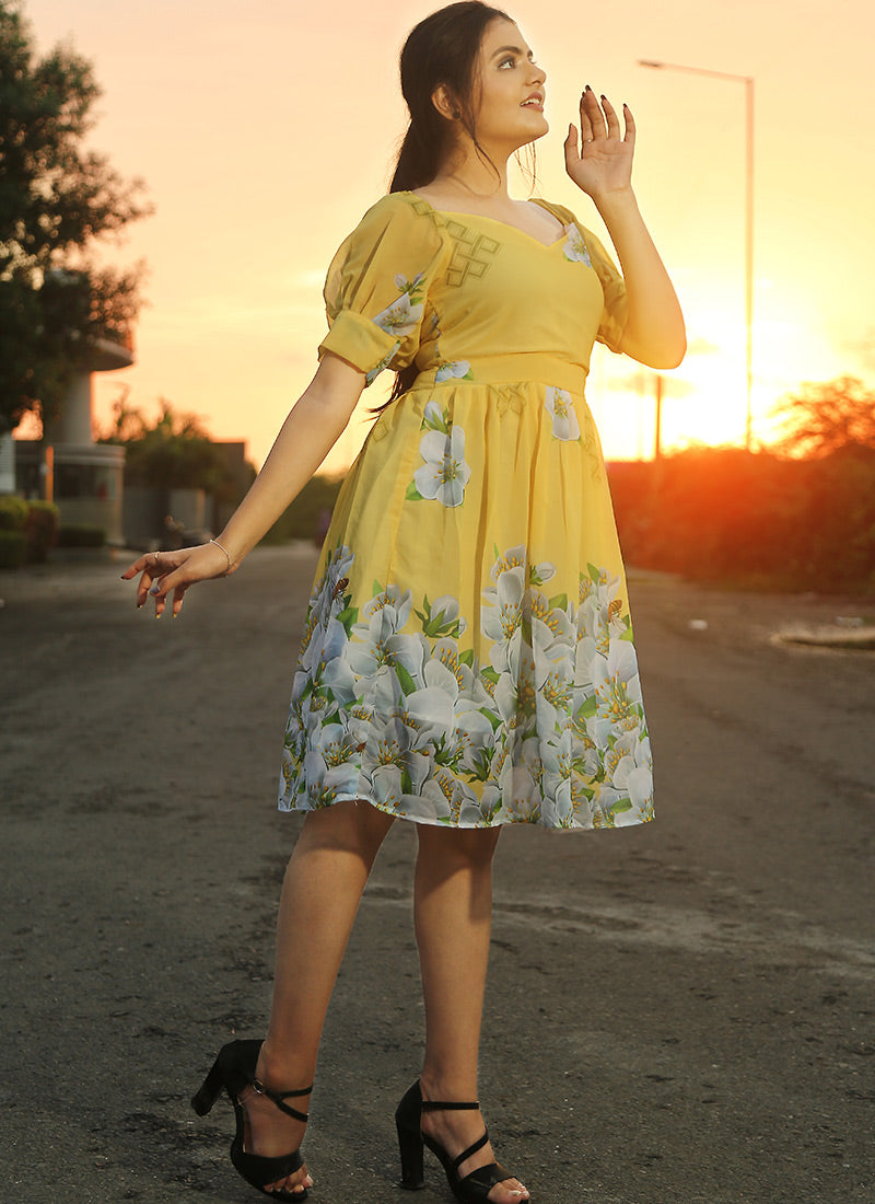 Yellow Flower Printed Georgette Western Dress