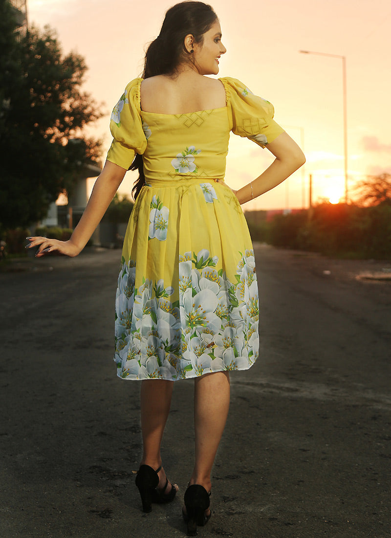 Yellow Flower Printed Georgette Western Dress