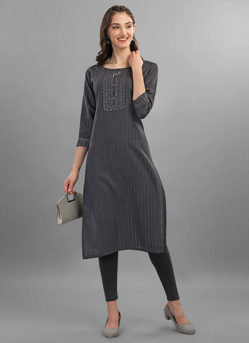 Grey Embroidery Cotton Kurti