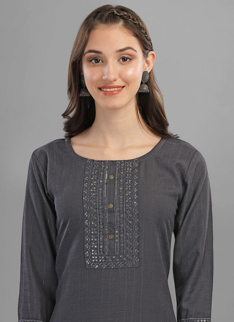 Grey Embroidery Cotton Kurti