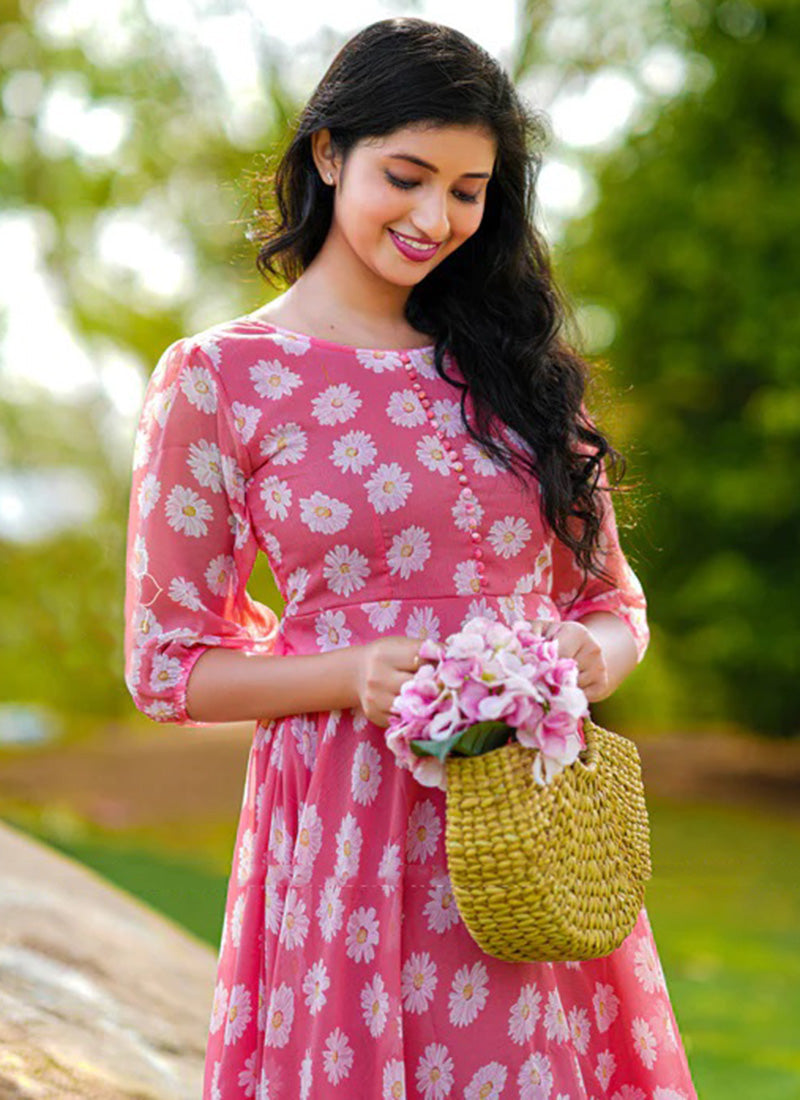 Pink Flower Printed Georgette western Dress