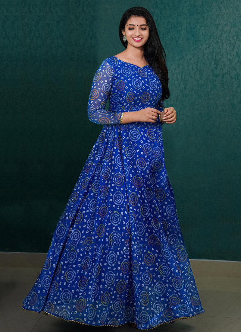 Blue Bandhani Printed Georgette Party Wear Dress