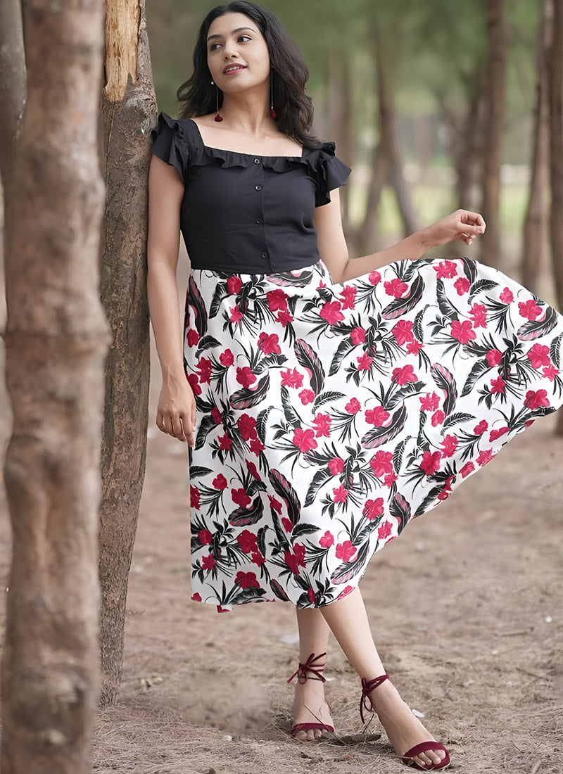Black And White Tropical Printed Party Wear Dress