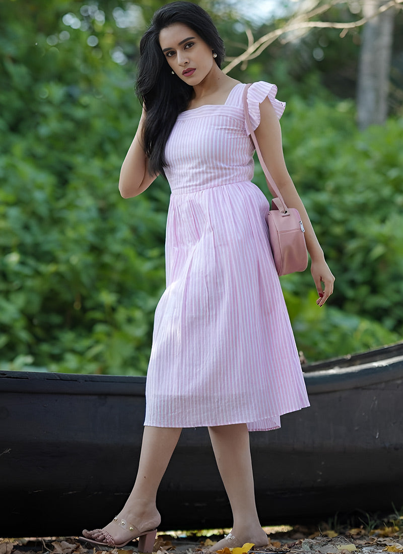 Light Pink Rayon Lining Printed Casual Dress