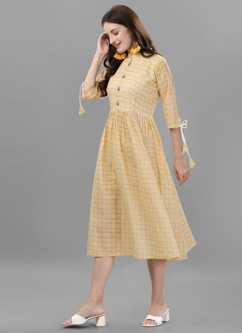 Light Yellow Cotton Printed Western Dress