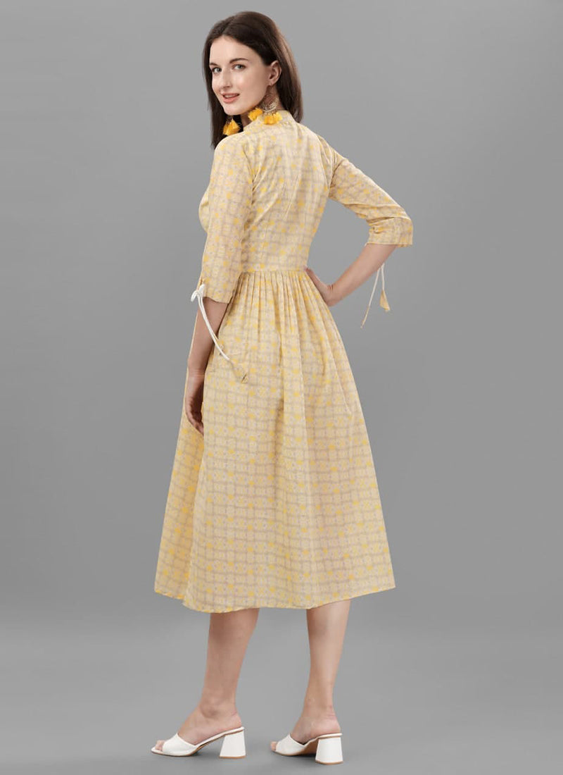Light Yellow Cotton Printed Western Dress