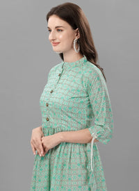 Light Green Cotton Printed Western Dress