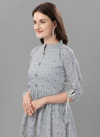 Dull Grey Color Cotton Printed Western Dress