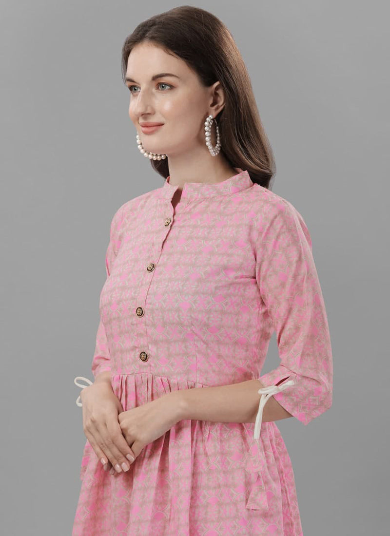 Light Pink Color Cotton Printed Western Dress