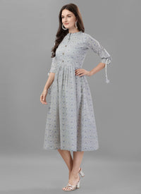 Dull Grey Color Cotton Printed Western Dress
