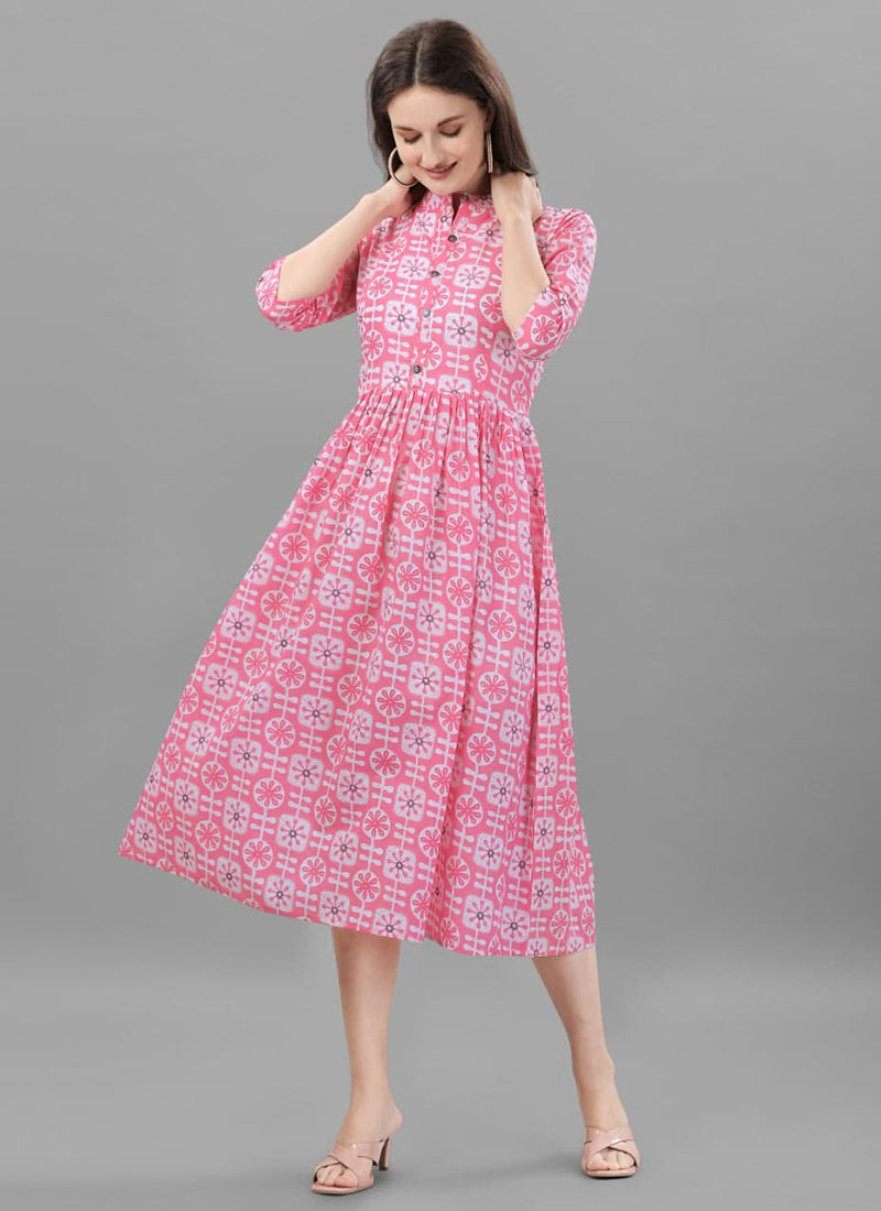 Pink Cotton Printed Western Dress