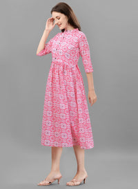 Pink Cotton Printed Western Dress
