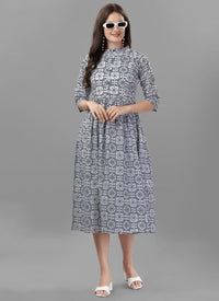 Grey Cotton Printed Western Dress