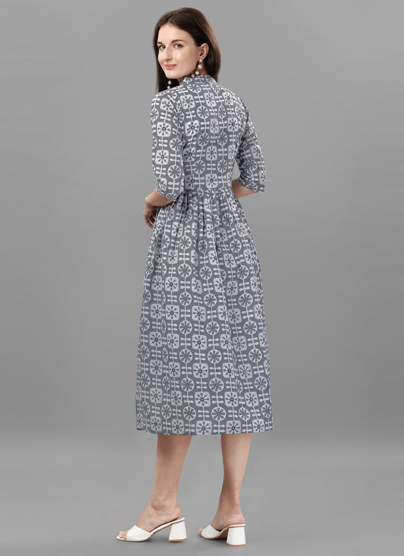 Grey Cotton Printed Western Dress
