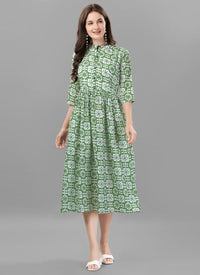 Green Cotton Printed Western Dress
